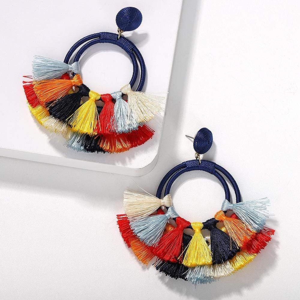 Womens Bohemian Blue Tassel Hoop Earrings